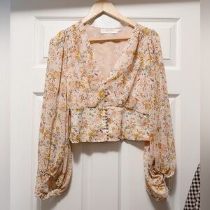ASTR Pink Floral V-Neck Button-Front Crop Blouse